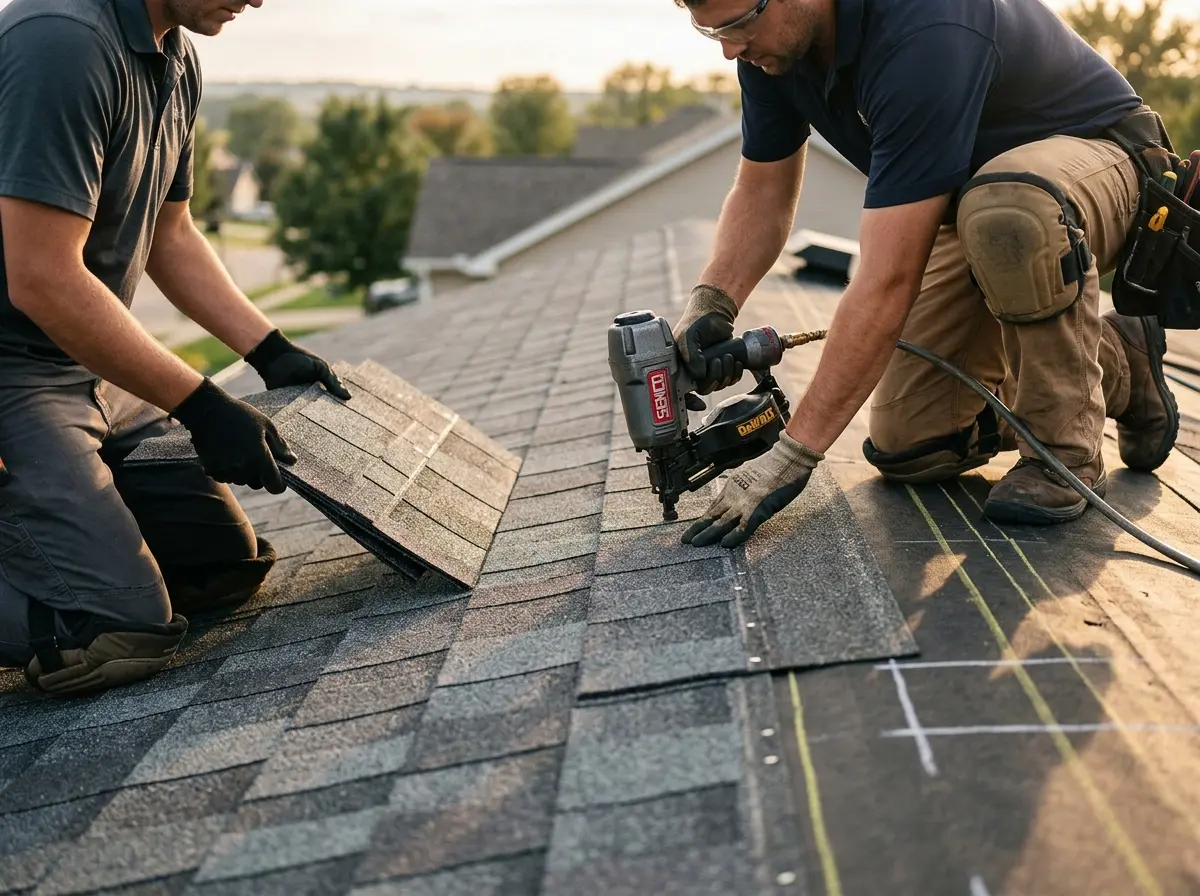 Professional roofer working on a residential roof in Yazoo City